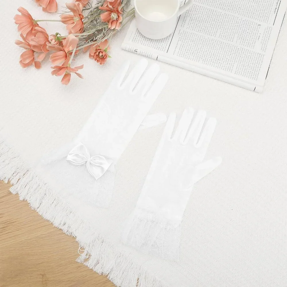 Women's Short White Lace Bow Polka Dots Gloves Mesh Wedding Tea Party Prom